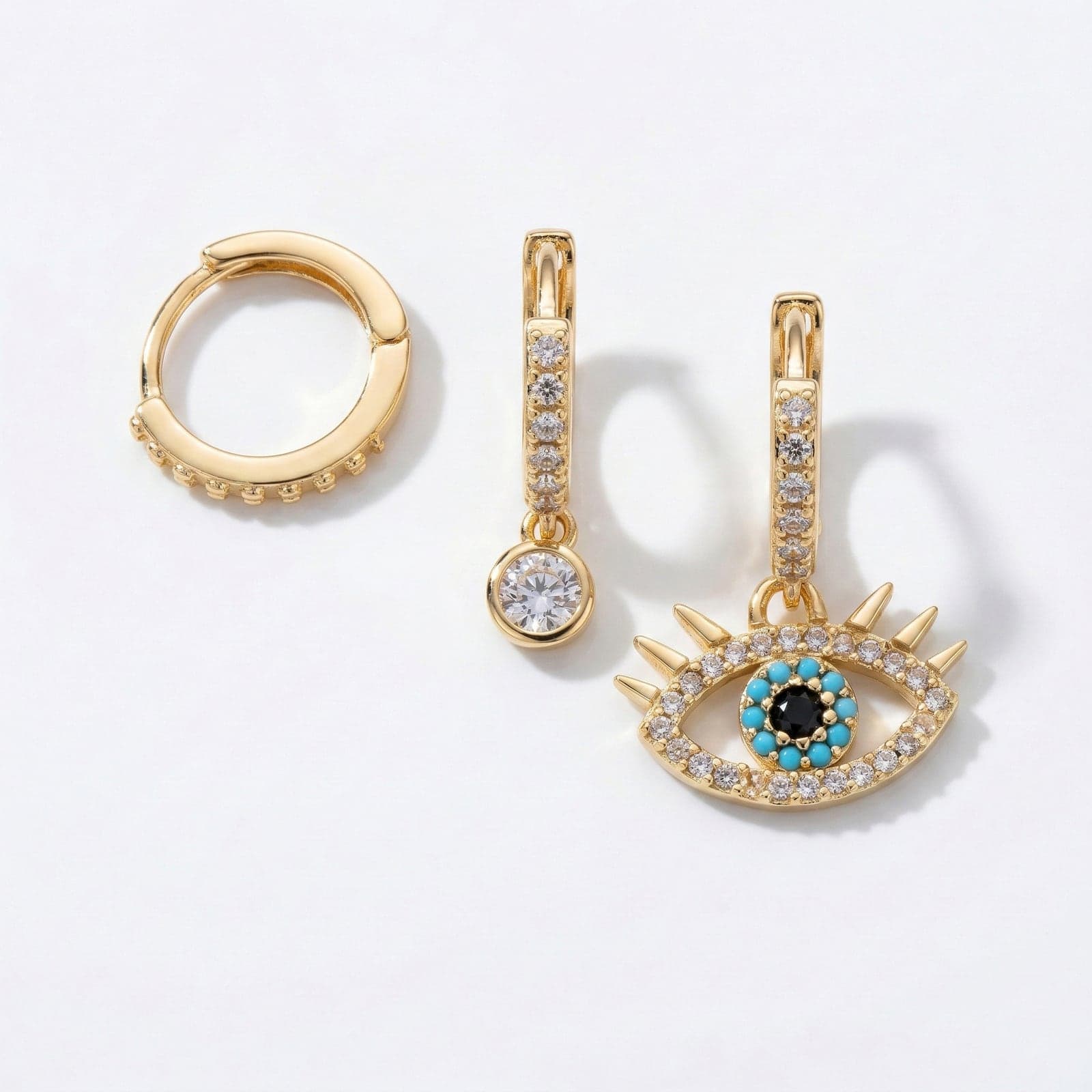 Gold Plated Brass Zircon Stone Eye and Gemstone Hoop Earring Set
