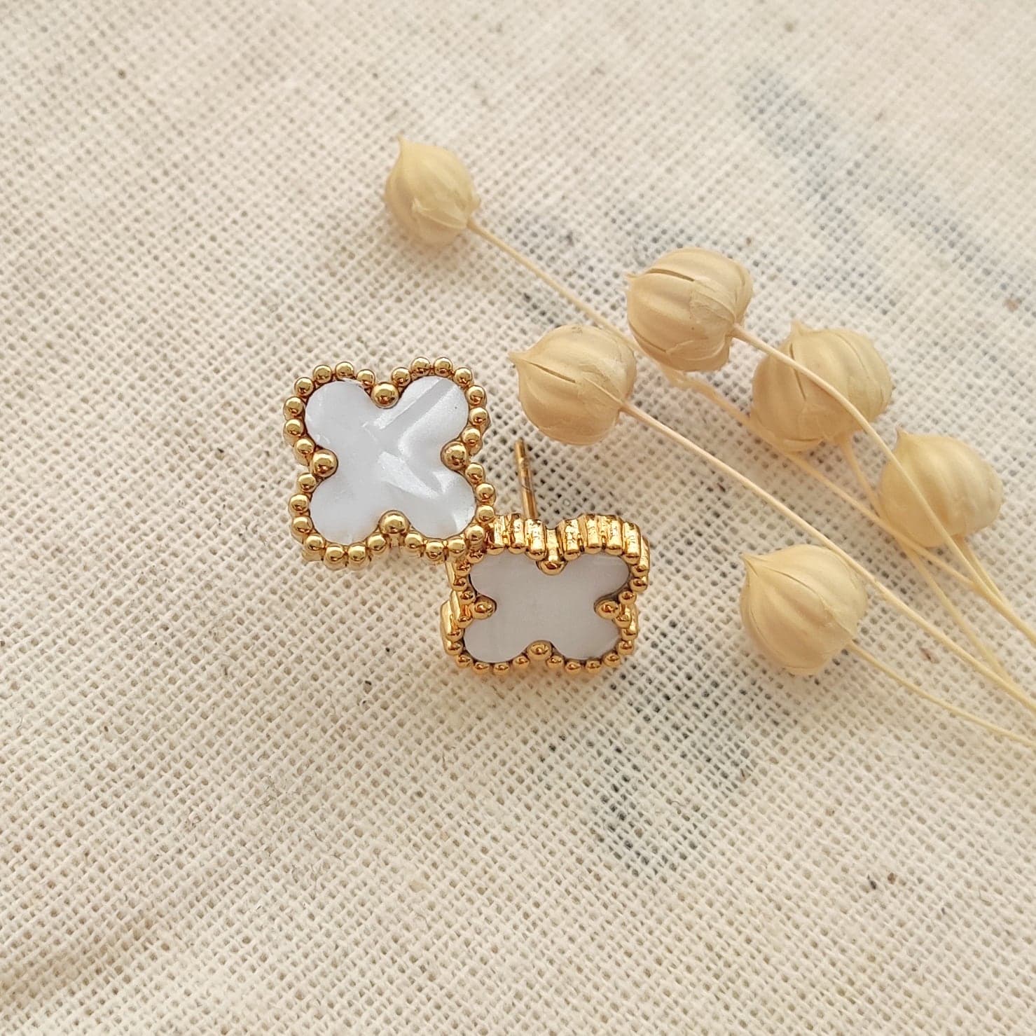 Gold Plated White Mother-of-Pearl Stone Clover Earrings in Brass