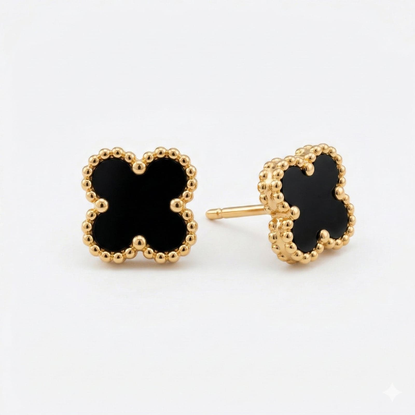 Gold Plated Black Mother-of-Pearl Stone Clover Earrings in Brass