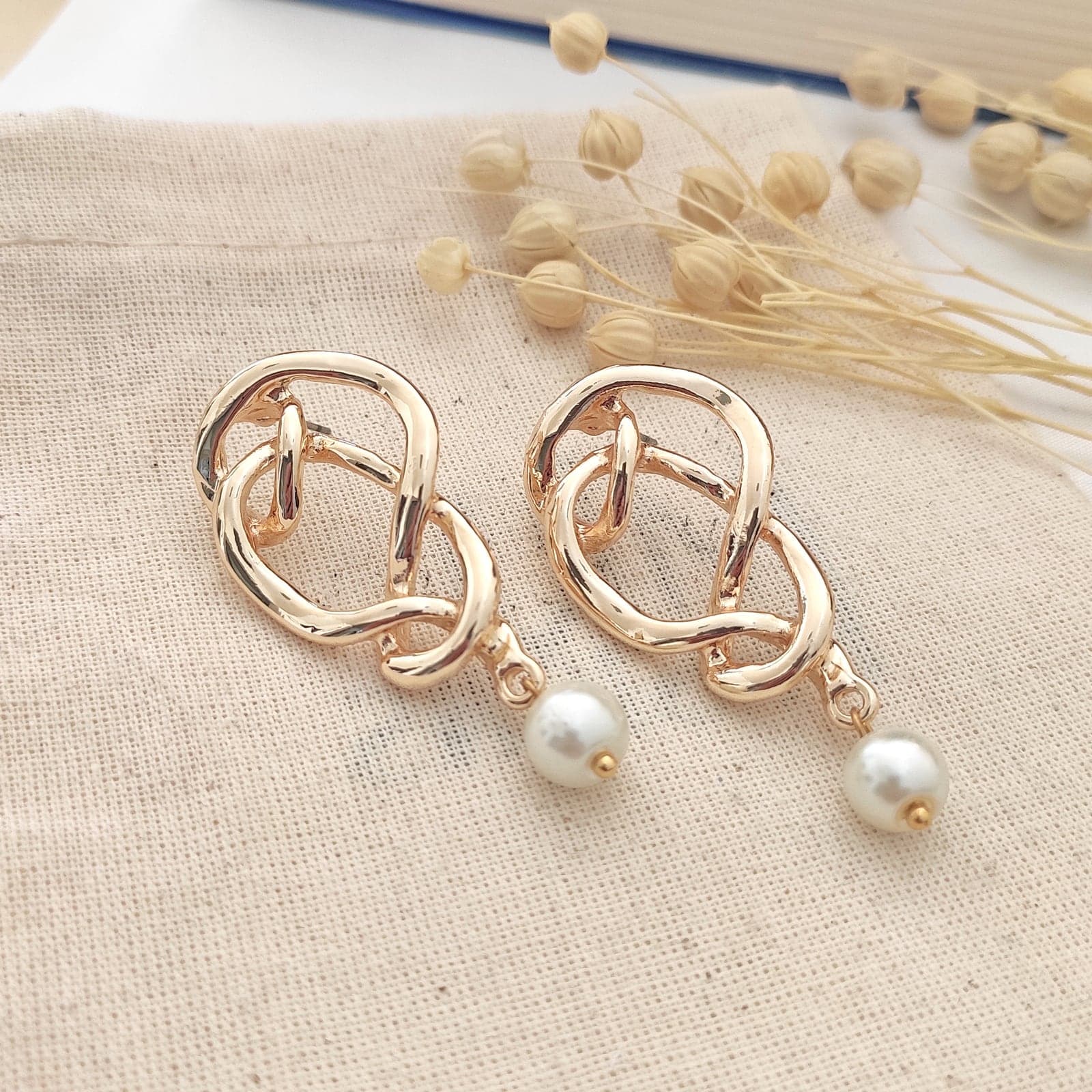 Gold Plated Plastic Pearl Studded Earrings on Brass