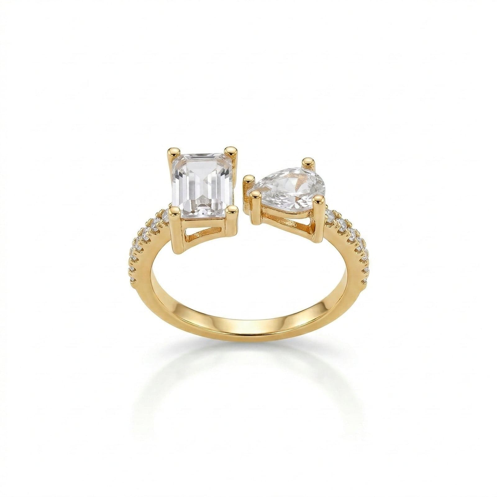 Gold Plated Baguette Stone Detail Adjustable Ring on Brass