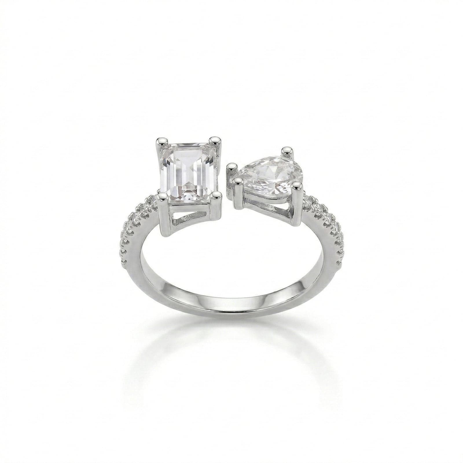 Silver Tone Baguette Stone Detail Adjustable Ring on Brass
