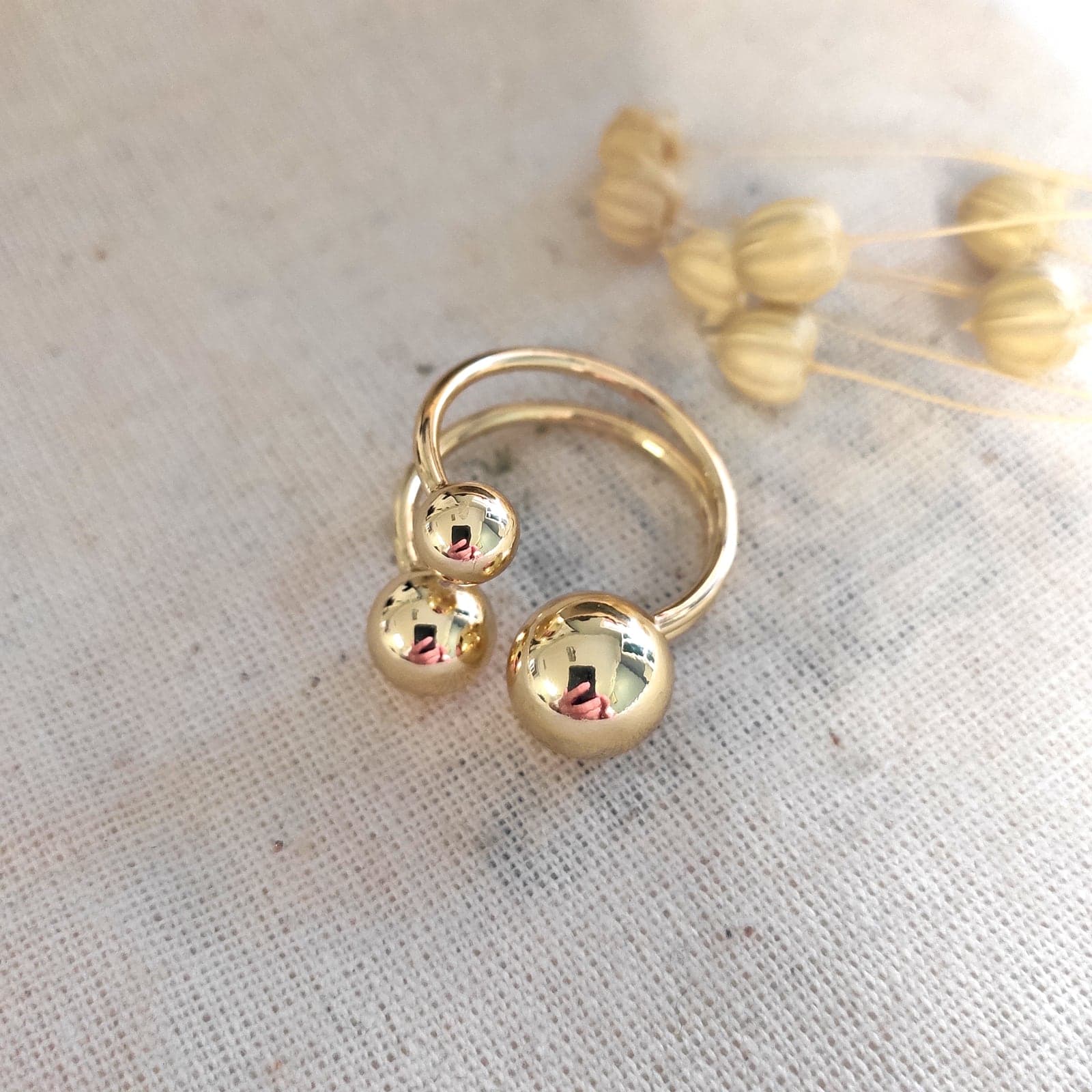 Gold Plated Brass Ring with Three Ball Detail