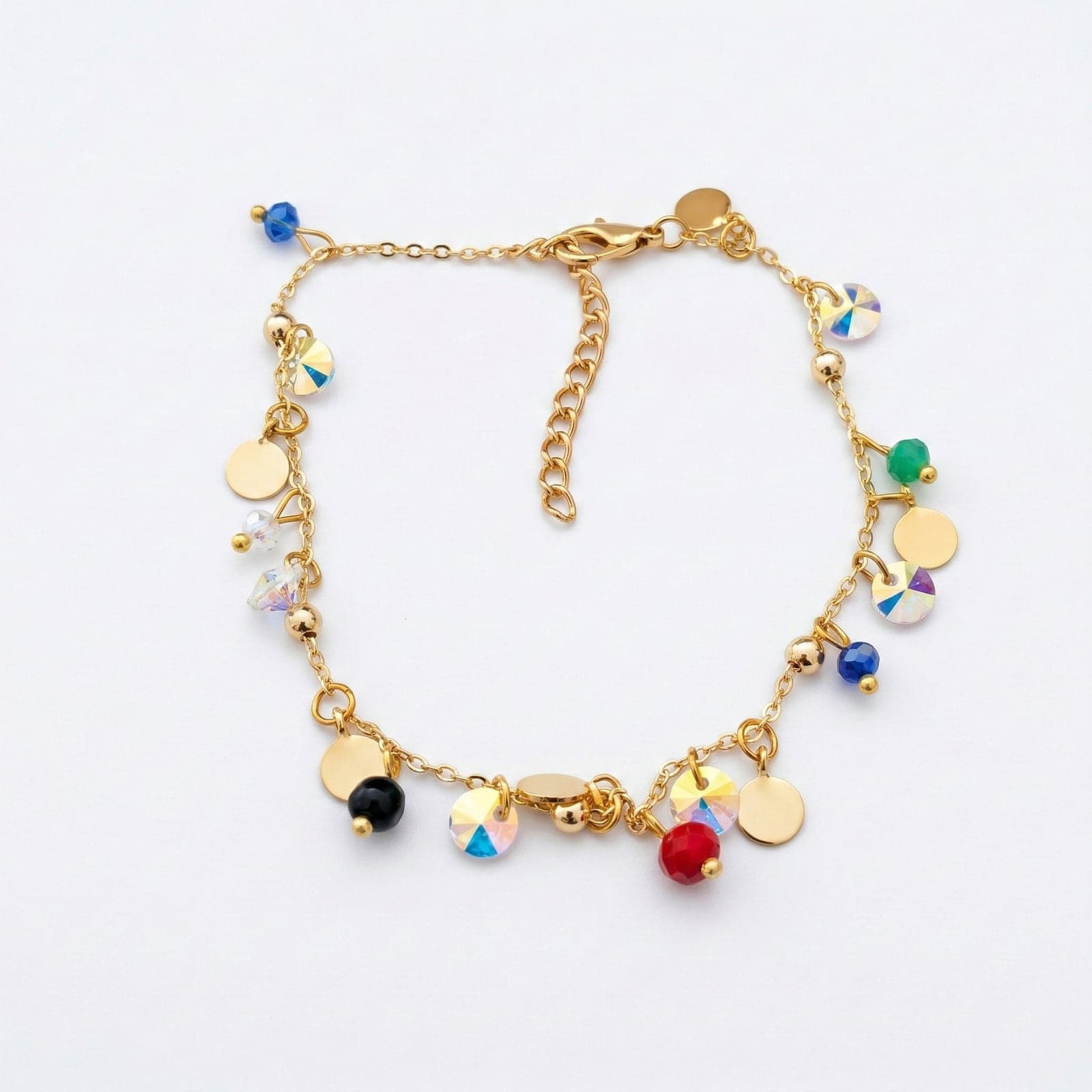 14 K goldplated brass, Cyrstal and Gemstone anklet