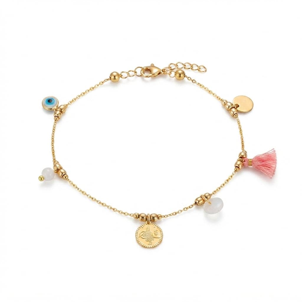 Anklet with Gold Plated Evil Eye Bead and Old Coin Detail on Brass