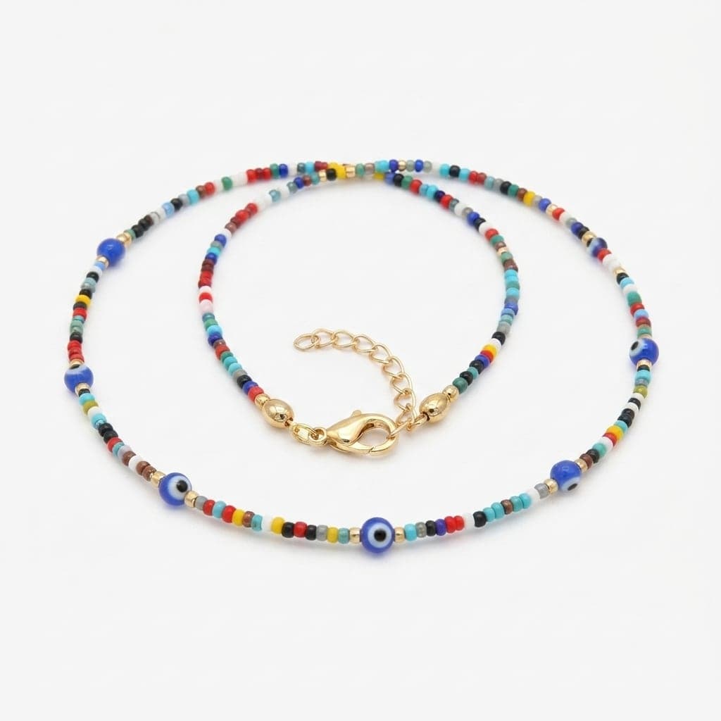 Gold Plated Evil Eye Bead Detailed Necklace on Brass