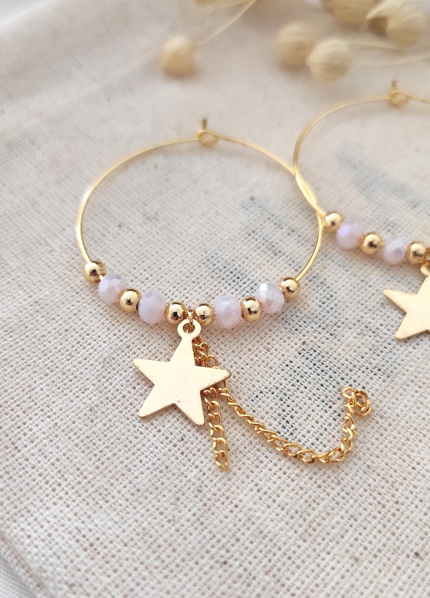 Gold Plated Brass Star and Chain Dangle Earrings with Crystal Stone