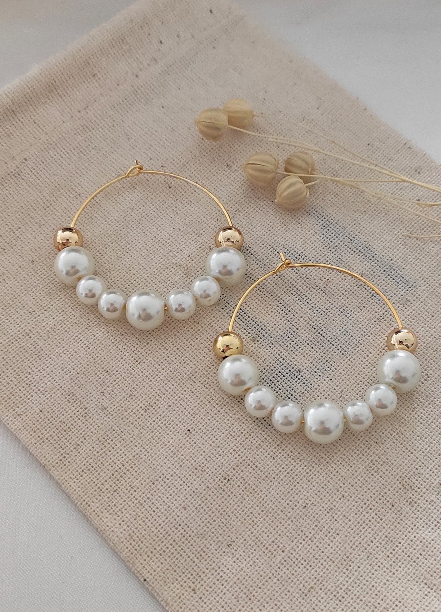 Gold Plated Plastic Pearl Row Earrings on Brass