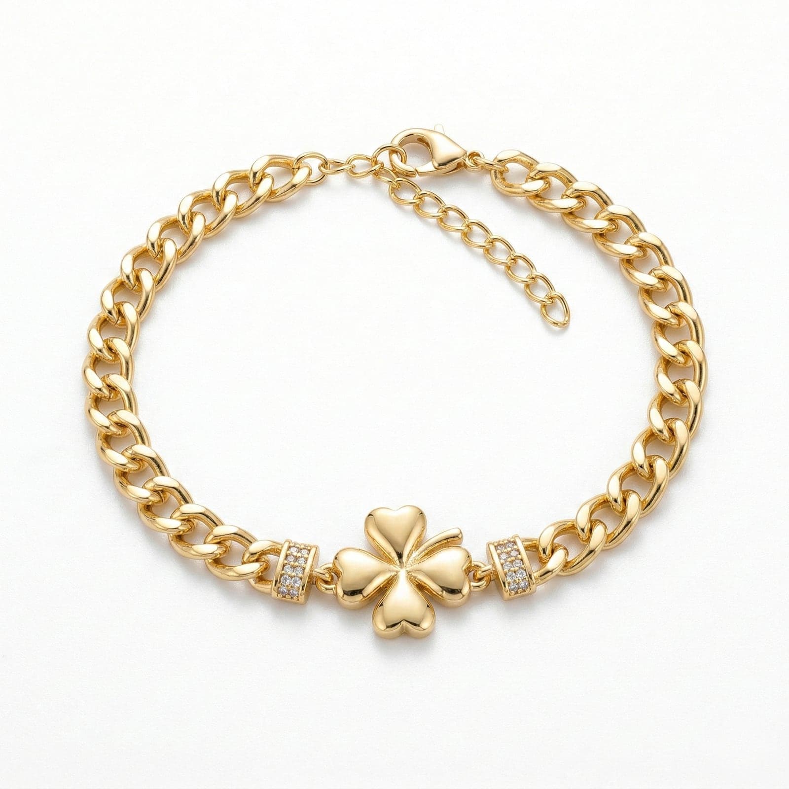 Brass Gold Plated Zircon Stone Clover Detailed Bracelet