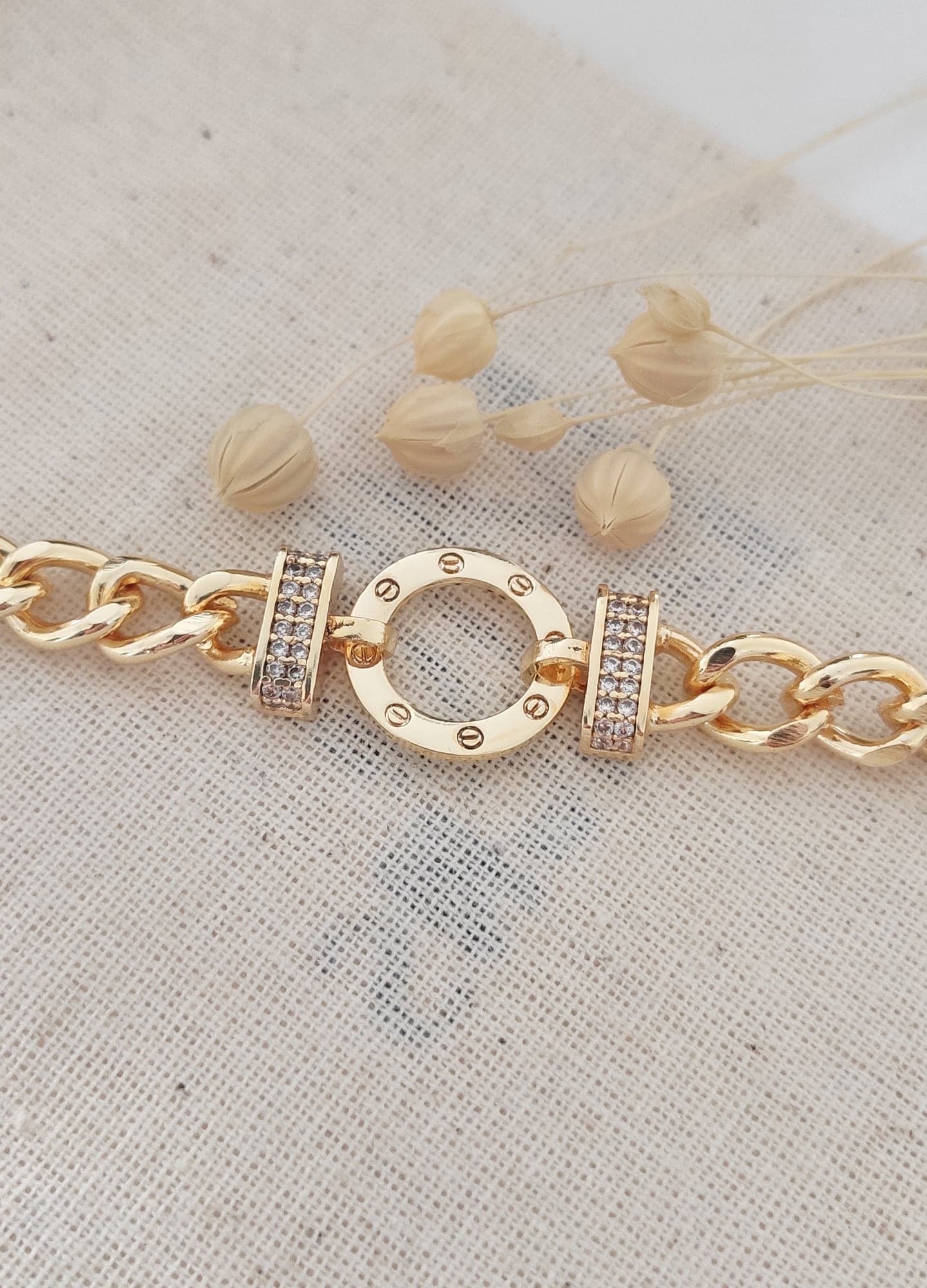 Brass Gold Plated Zircon Stone Ring Detailed Bracelet