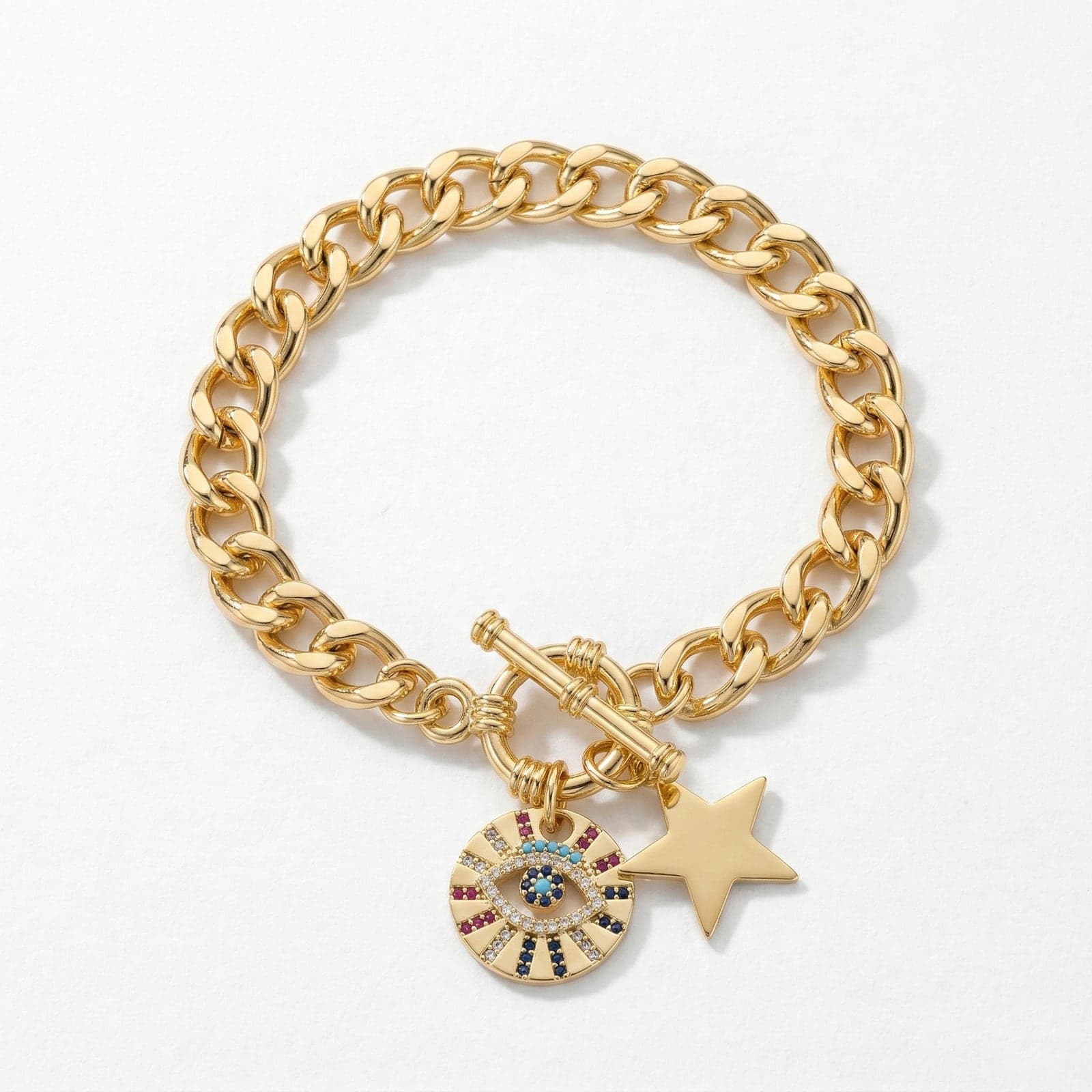 Gold Plated Brass Colored Zircon Stone Eye Detailed Bracelet