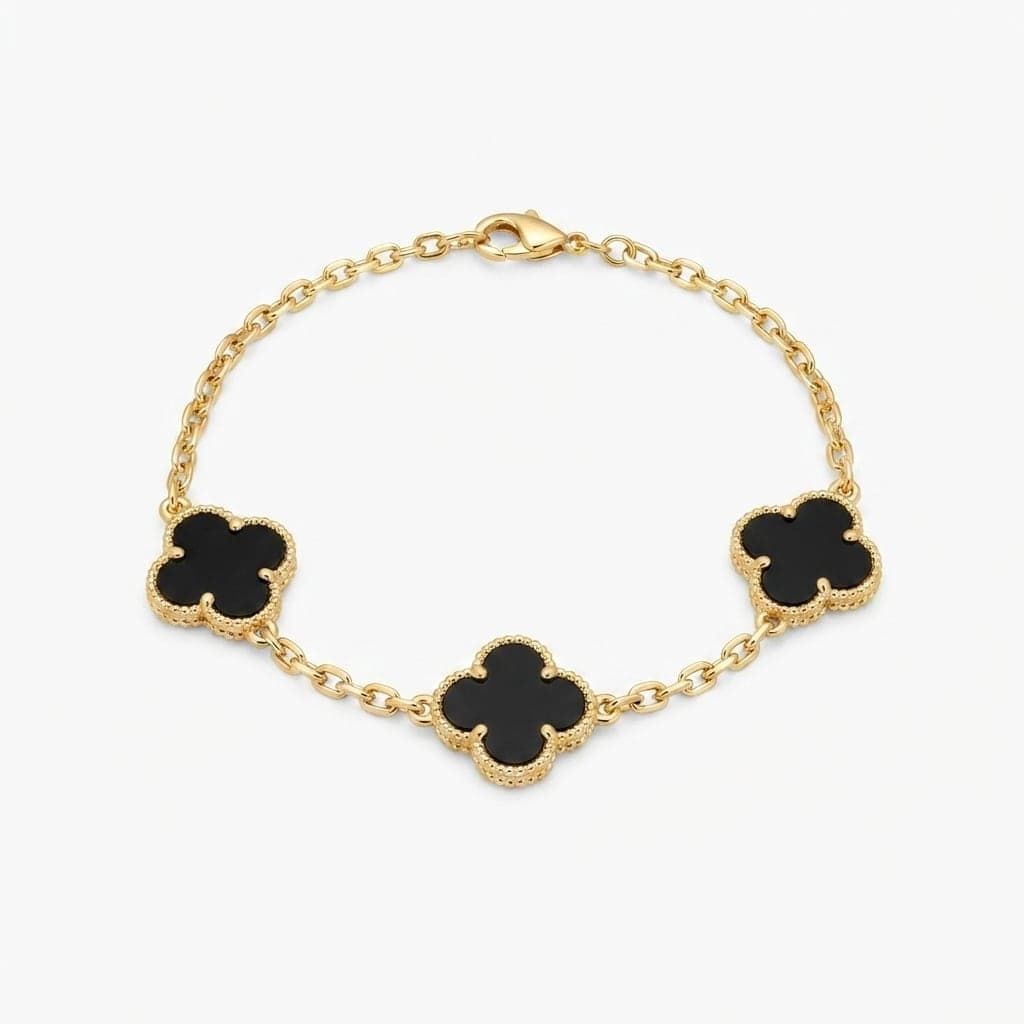 Gold Plated Brass Clover Detailed Black Enamel Bracelet
