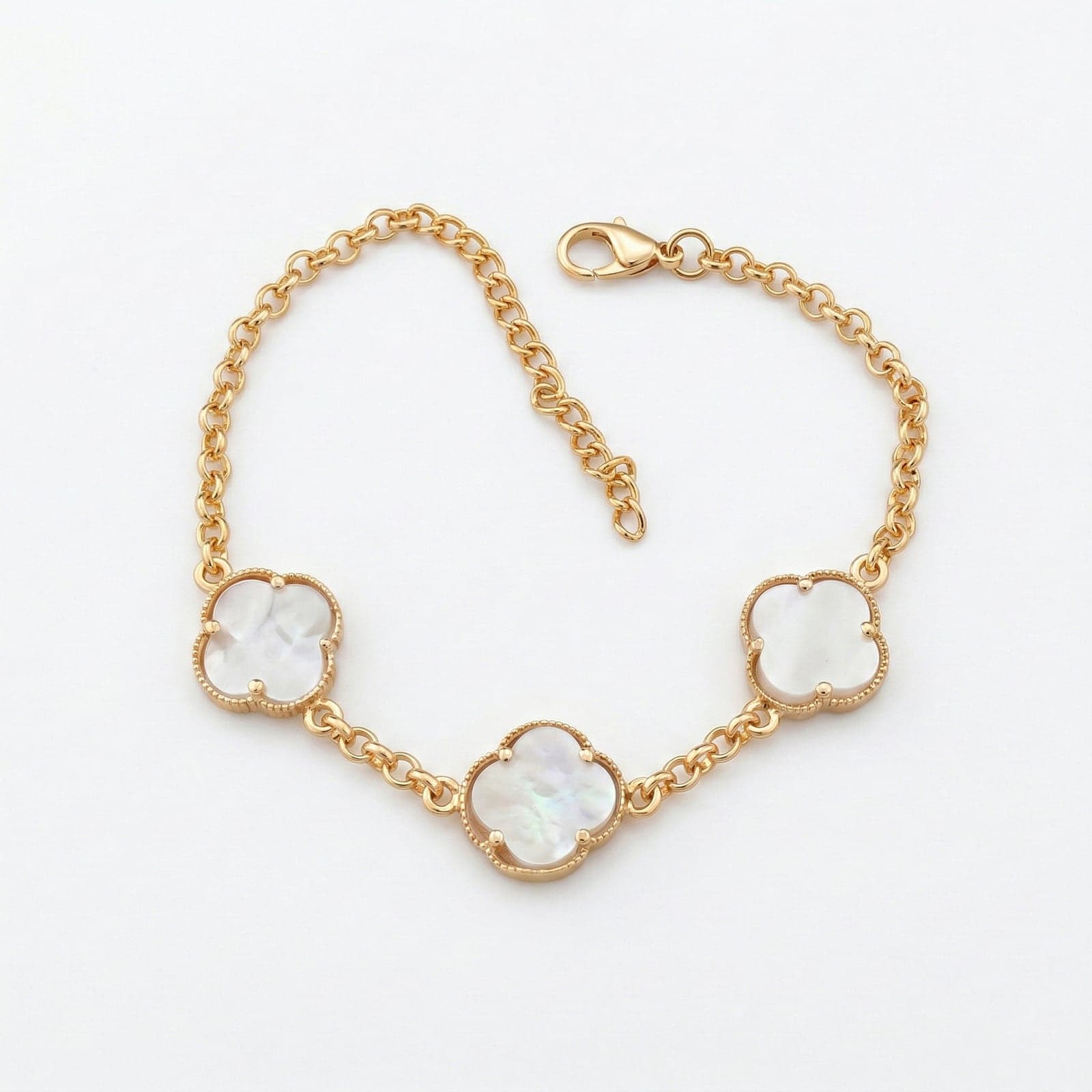 Gold Plated Brass Clover Detailed White Enamel Bracelet