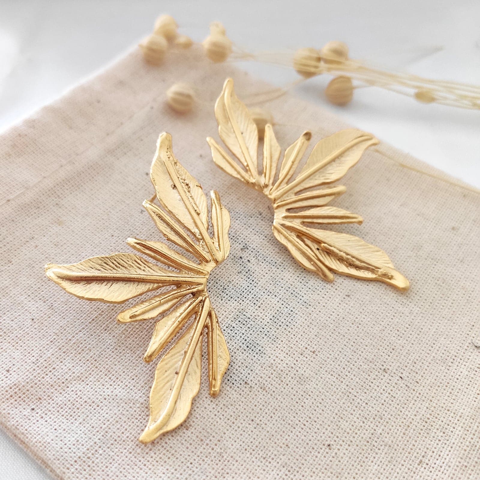 Gold Plated Leaf Figured Long Earrings on Brass