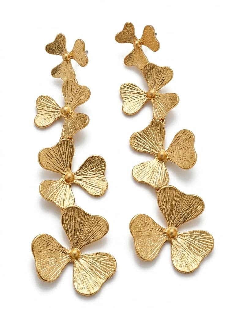 Gold Plated Leaf Pattern Long Earrings on Brass