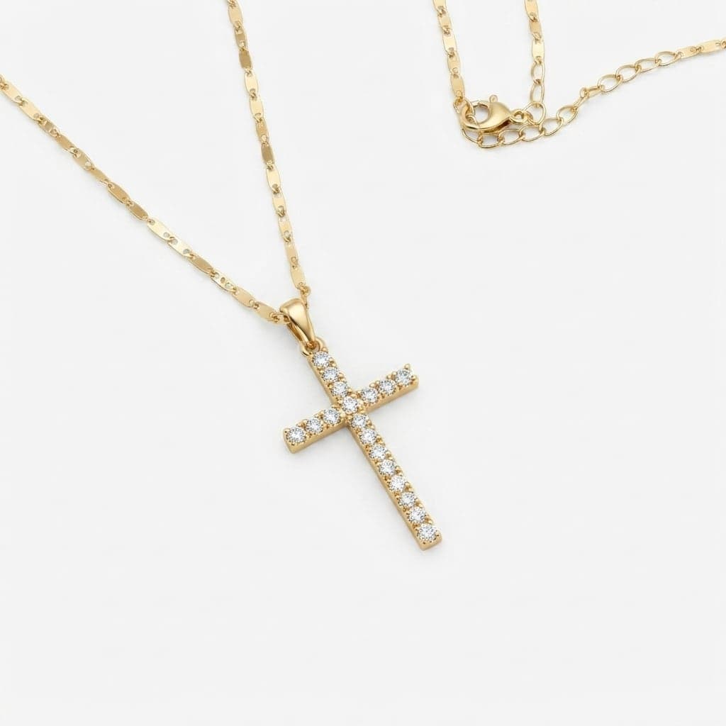 Gold Plated Brass Cross Pendant Necklace with Zircon Stone