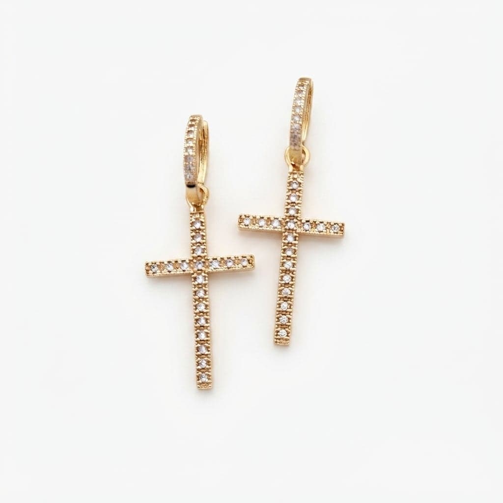 Gold Plated Brass, Zircon Stone Cross Dangle Earrings
