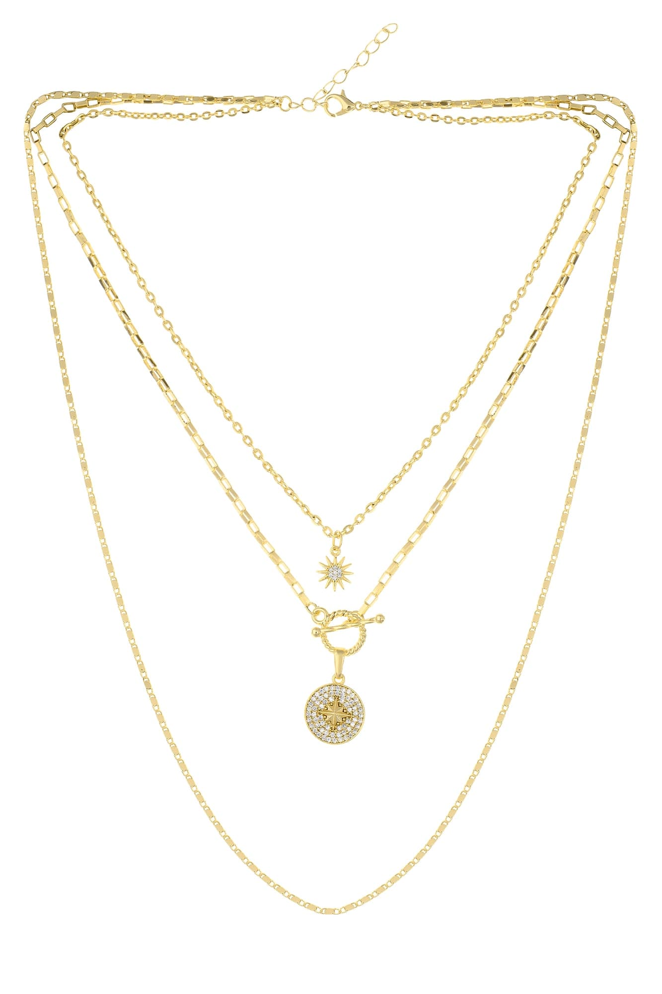 Gold Plated Brass, Zircon Stone Pole Star and Sun Detail Multiple Necklace