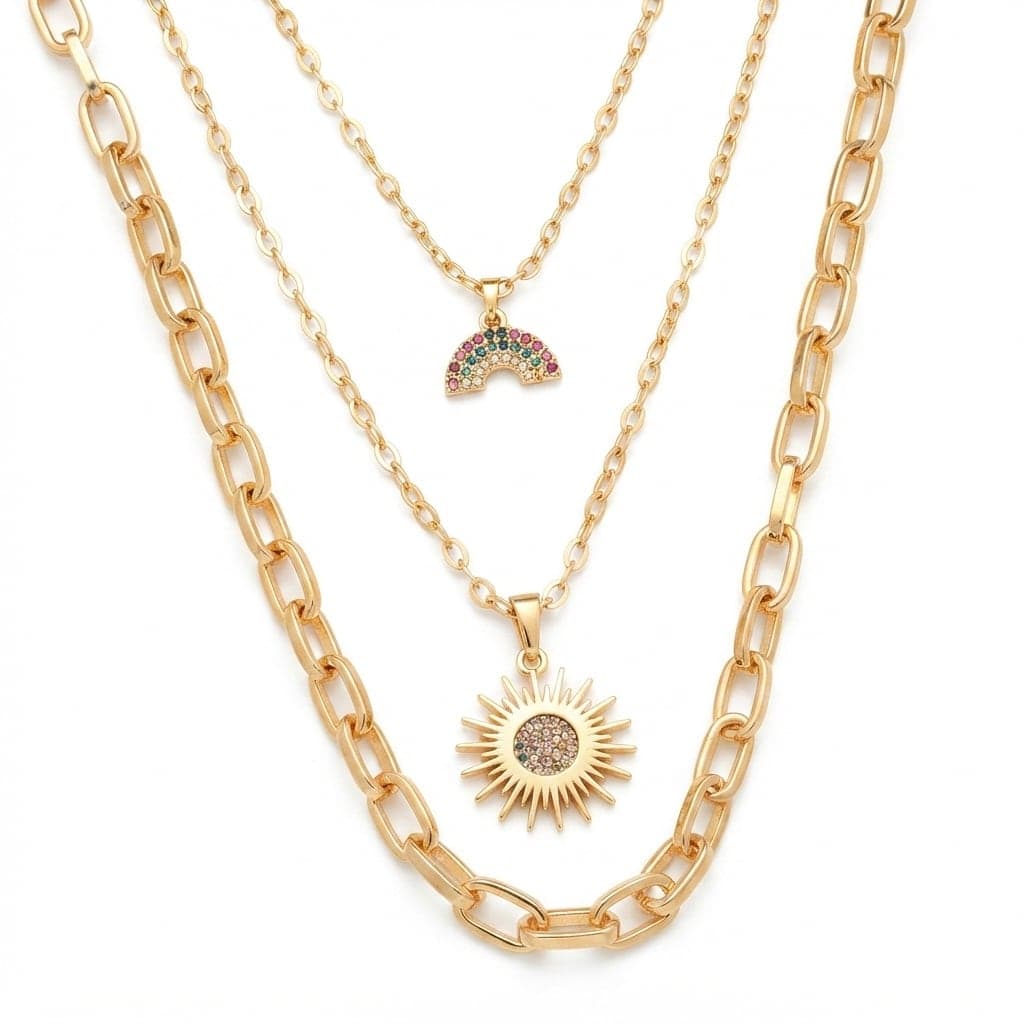Gold Plated Brass, Zircon Stone Rainbow and Sun Detail Multiple Necklace