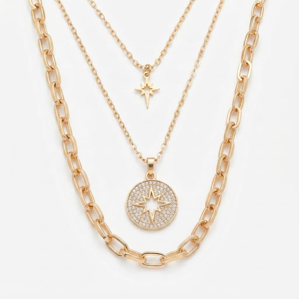 Gold Plated Brass, Zircon Stone Pole Star Detailed Multiple Necklace