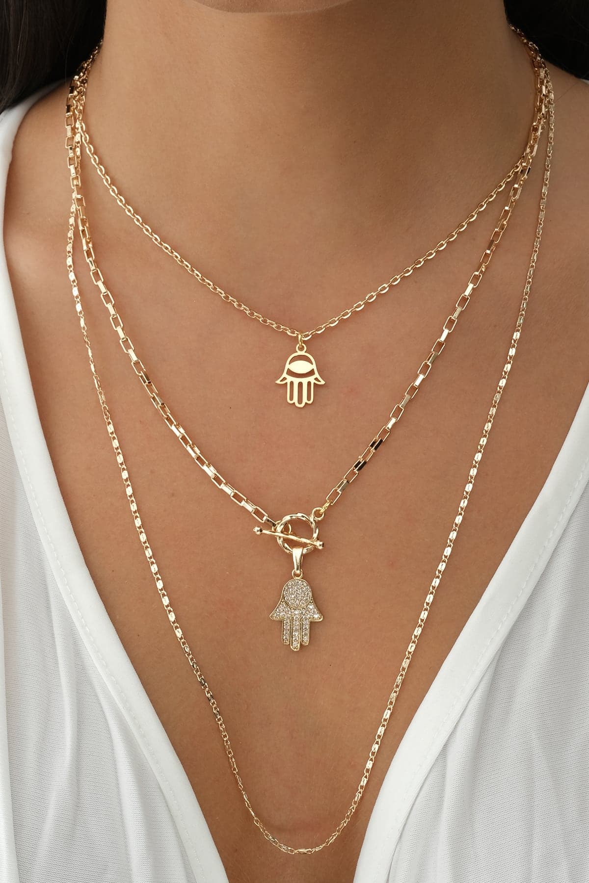 Gold Plated Brass Zircon Stone Hamza Hand Hanging Multiple Necklace