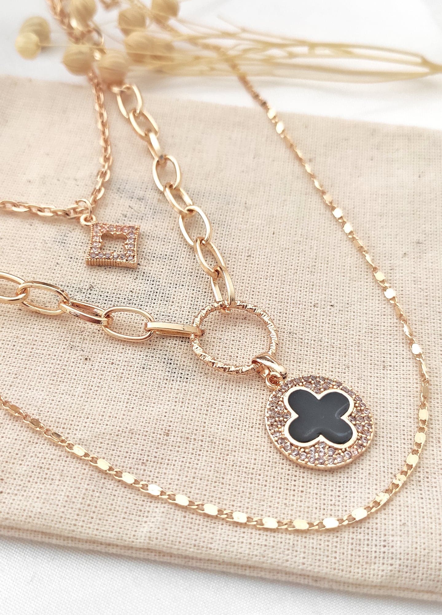 Gold Plated Brass Zircon Stone Clover Pendant Necklace