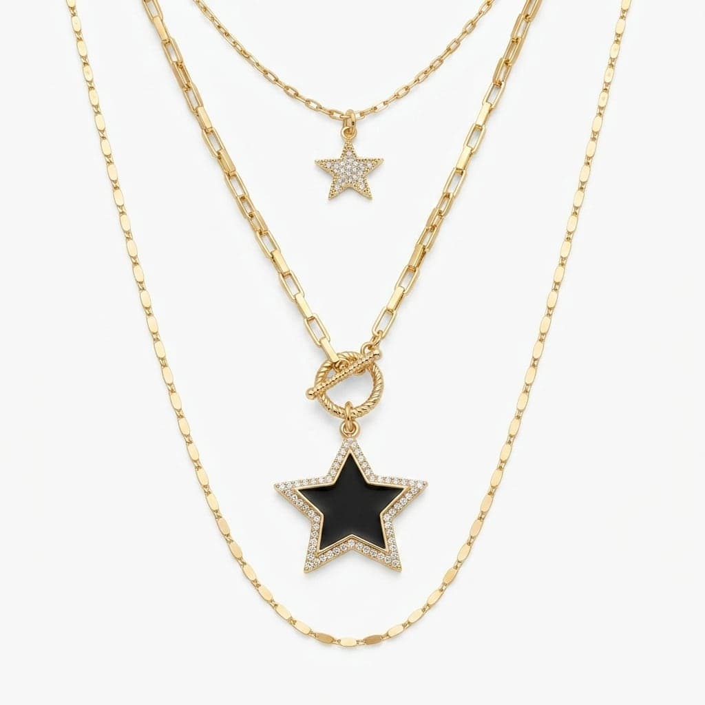 Brass Gold Plated Zircon Stone Star Dangle Multiple Necklace