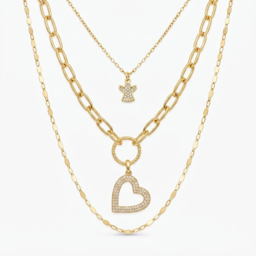 Brass Gold Plated Zircon Stone Heart Hanging Multiple Necklace
