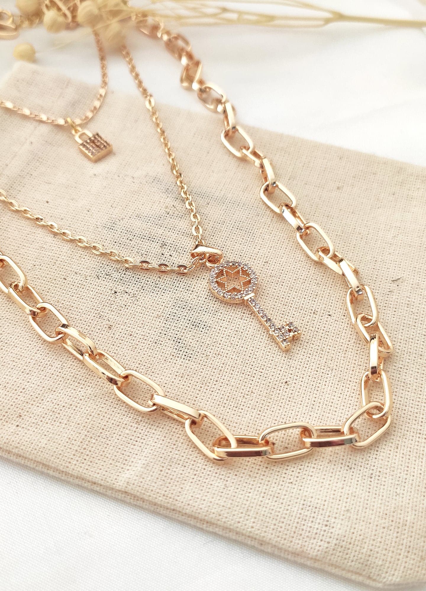 Gold Plated Brass Zircon Stone Key Pendant Multiple Necklace