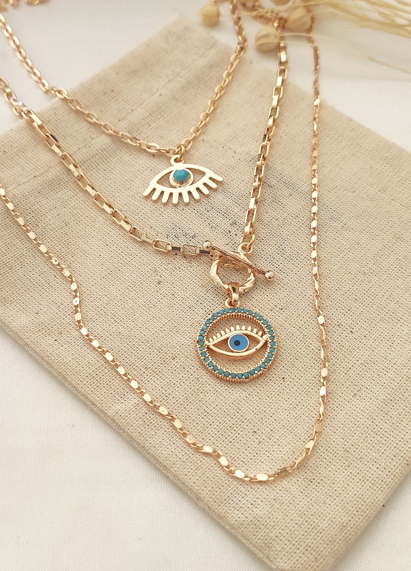 Brass Gold Plated Zircon Stone Eye Hanging Multiple Necklace