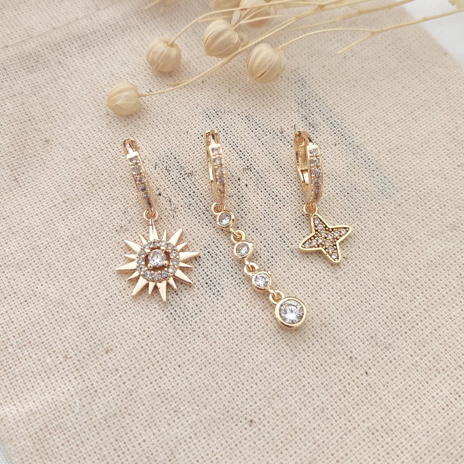 Gold Plated Brass Clover, Sun and Zircon Stone Dangle Combination Earrings