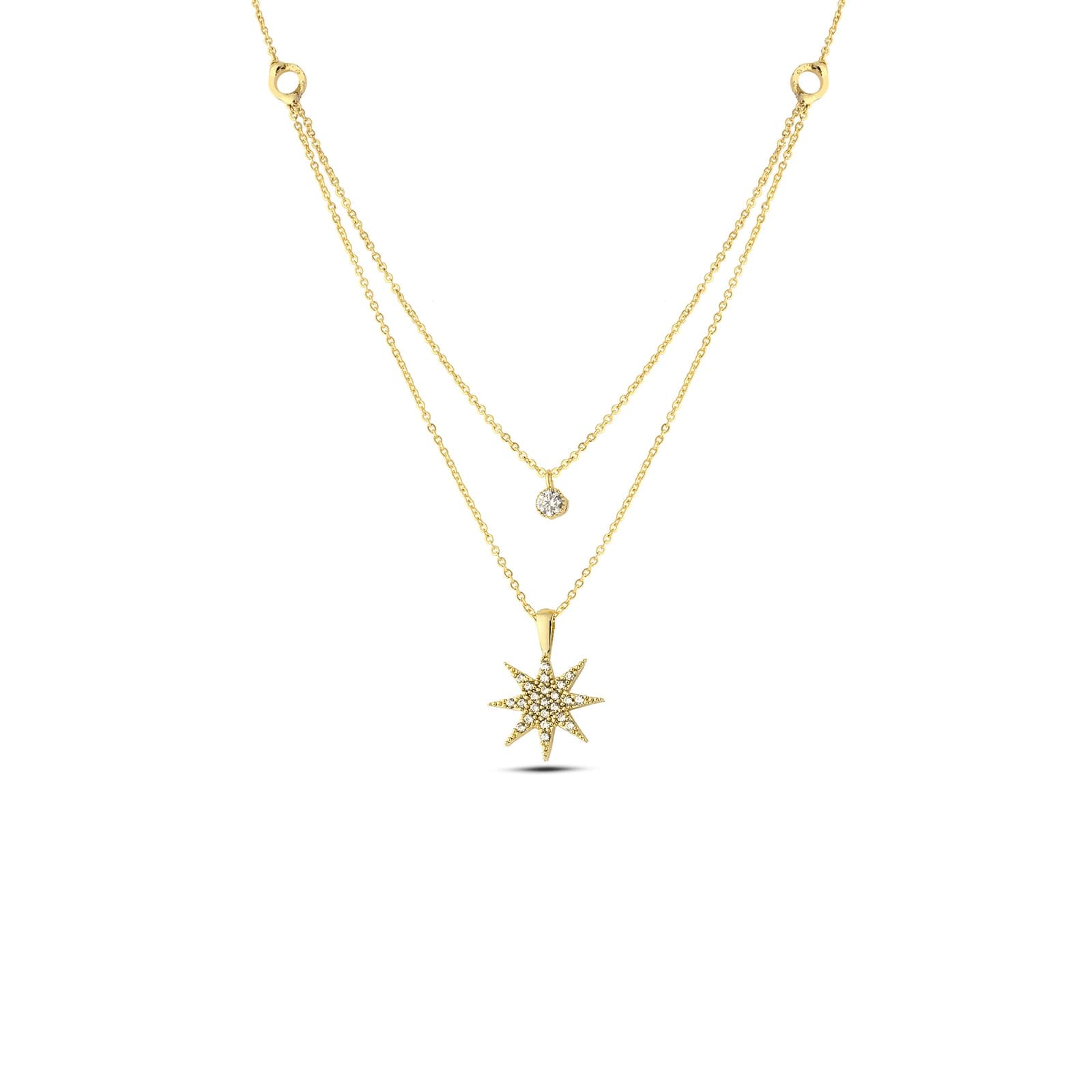Gold Plated Brass Zircon Stone Pole Star Dangle Double Necklace