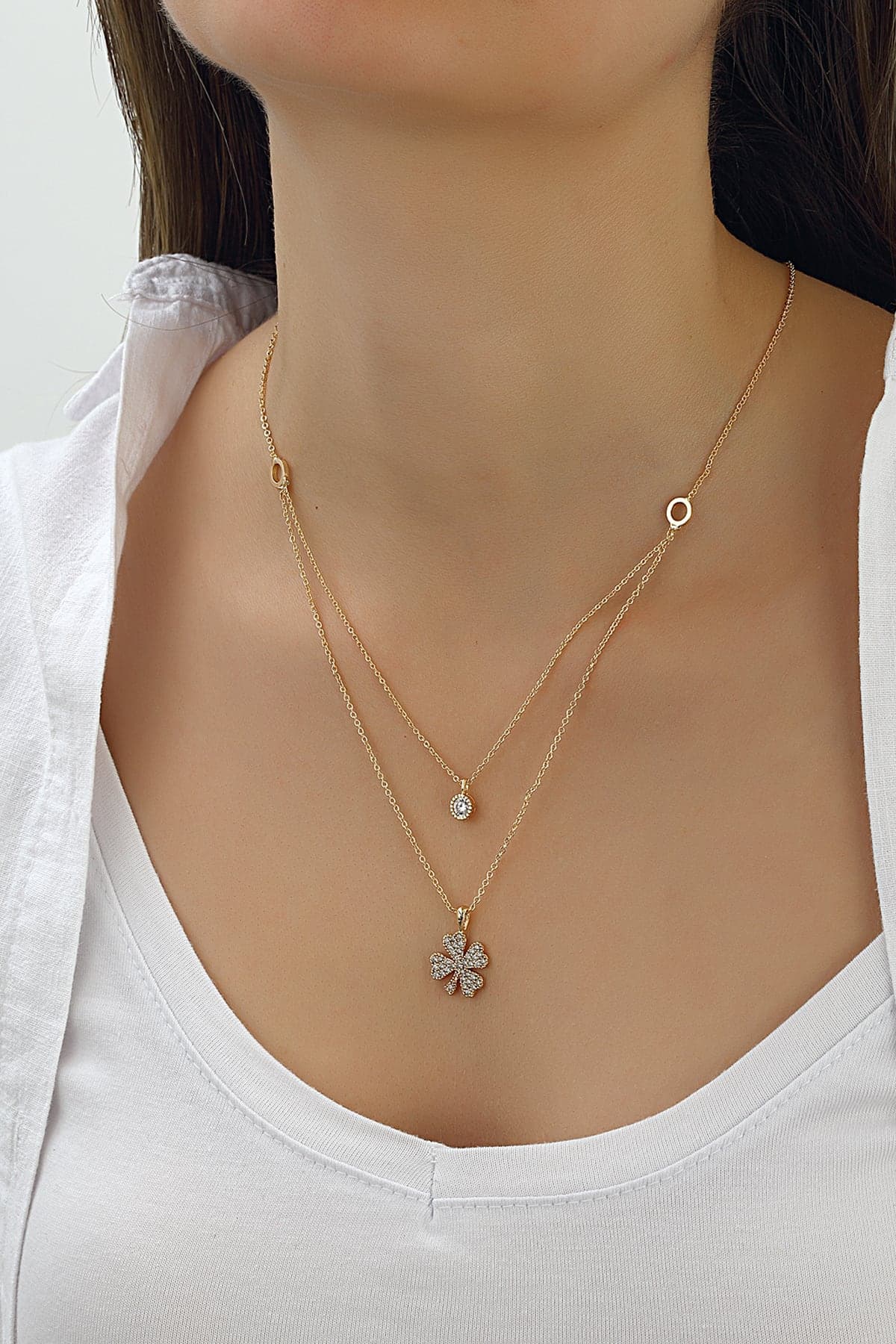 Gold Plated Brass Zircon Stone Solitaire and Clover Pendant Necklace