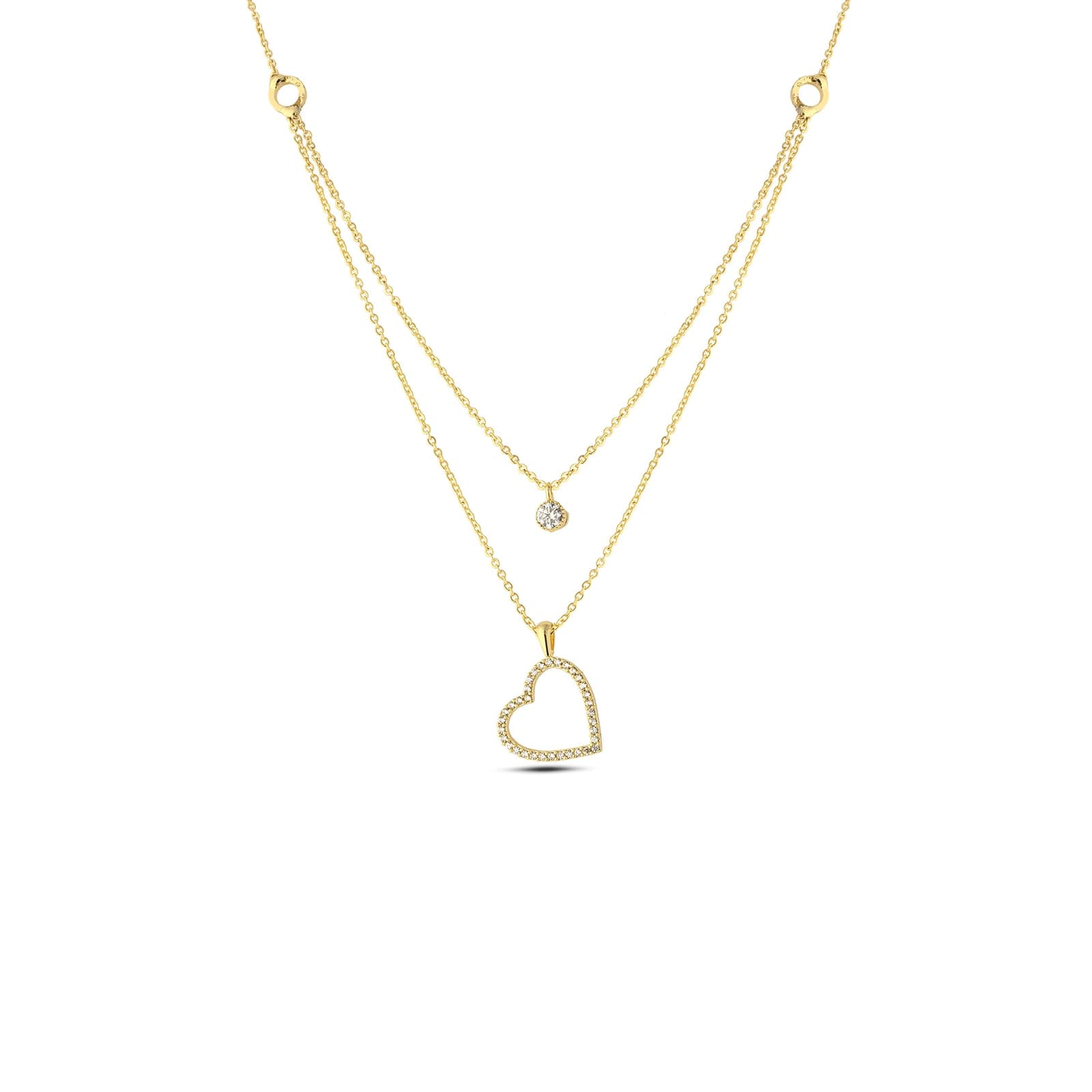 Gold Plated Brass Zircon Stone Heart Dangle Double Necklace