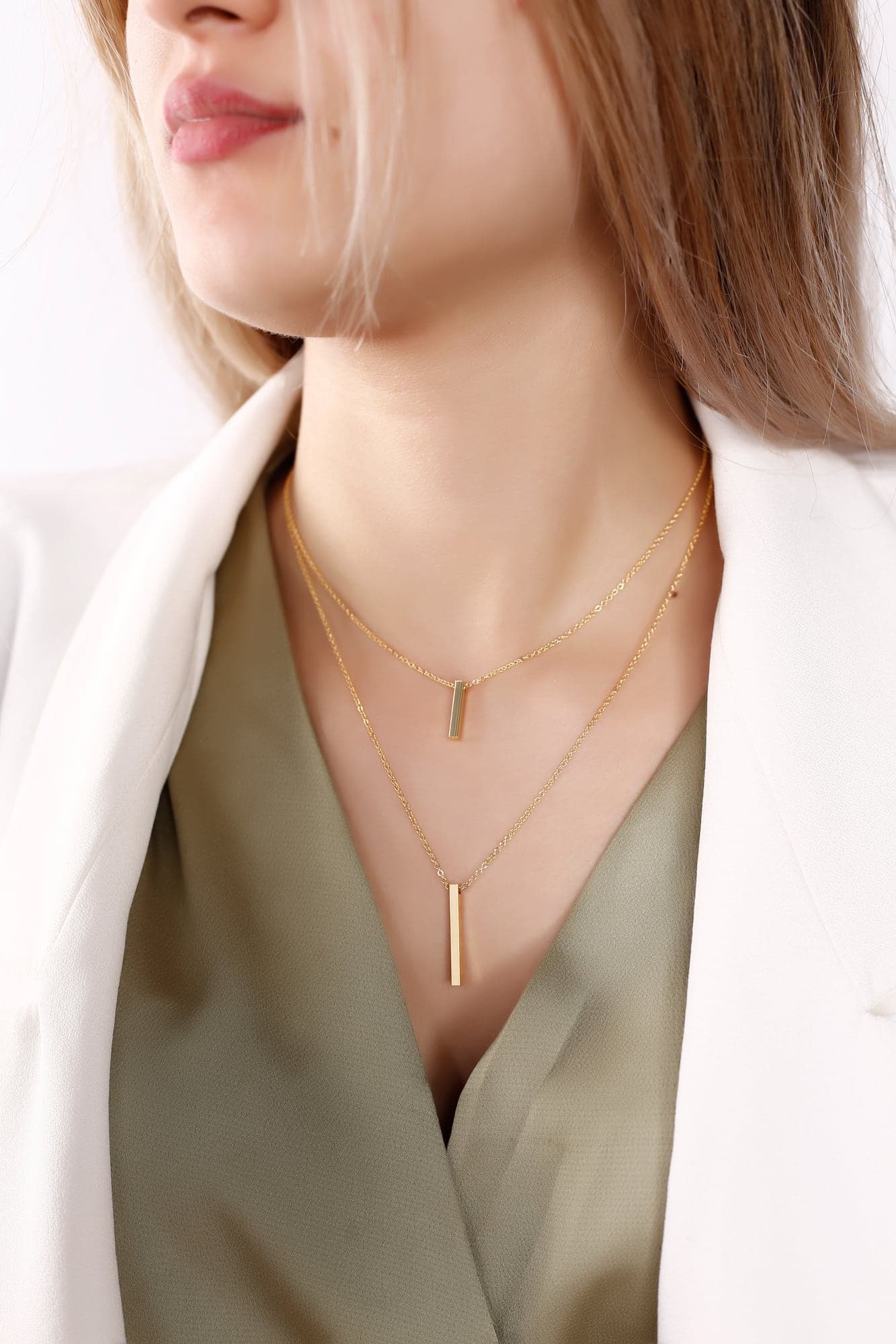 Gold Plated Brass Bar Dangle Double Necklace