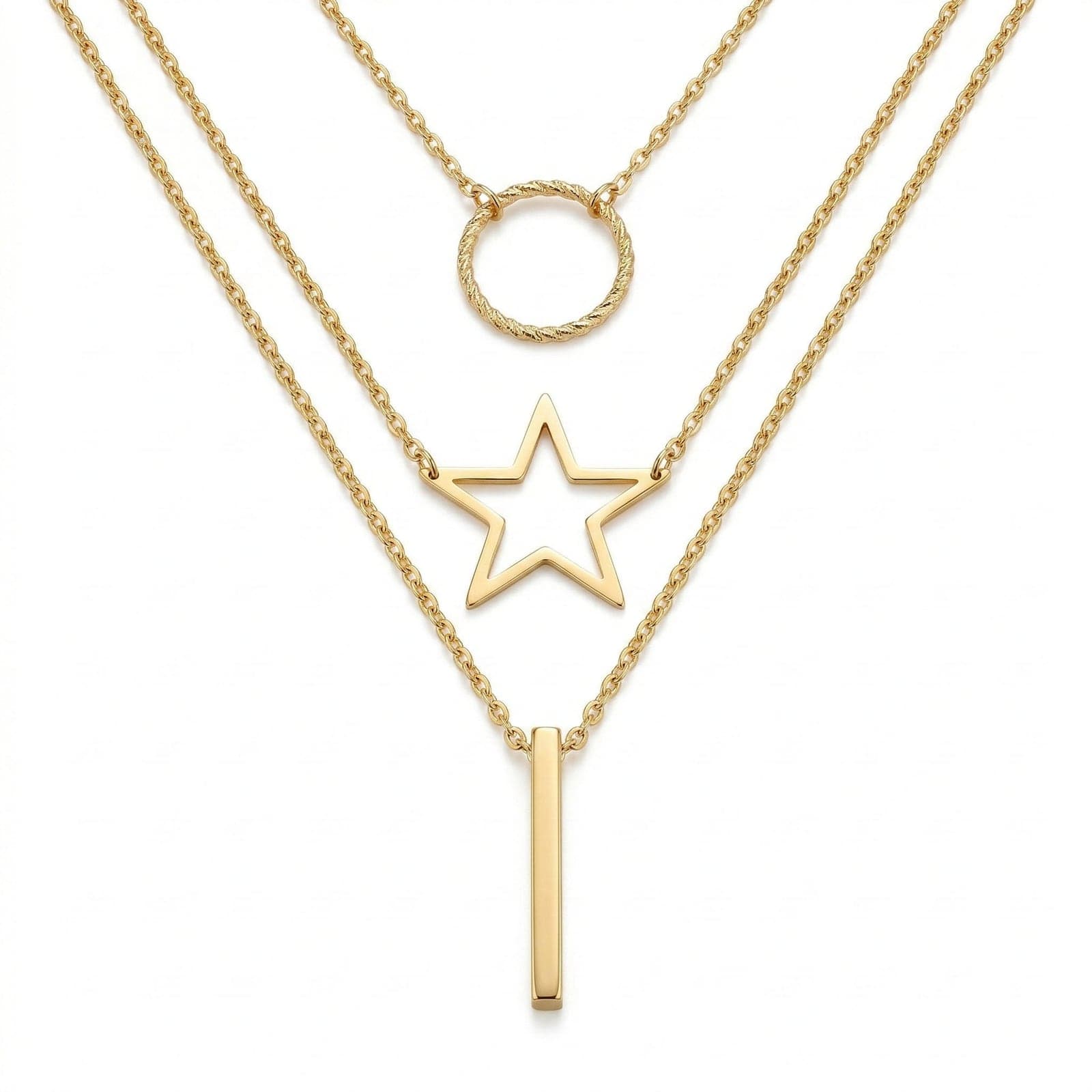 Gold Plated Brass Ring and Bar Hanging Triple Necklace