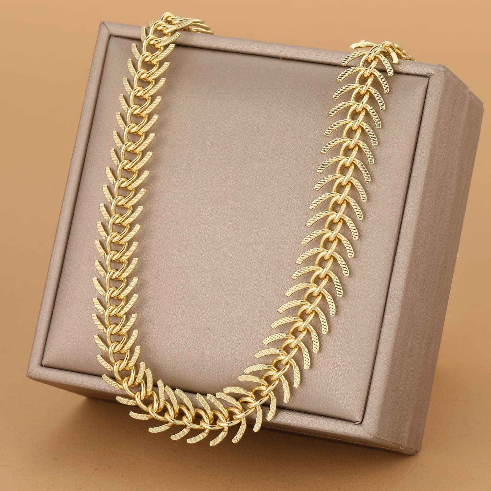 Gold Plated Brass Fishbone Themed Necklace