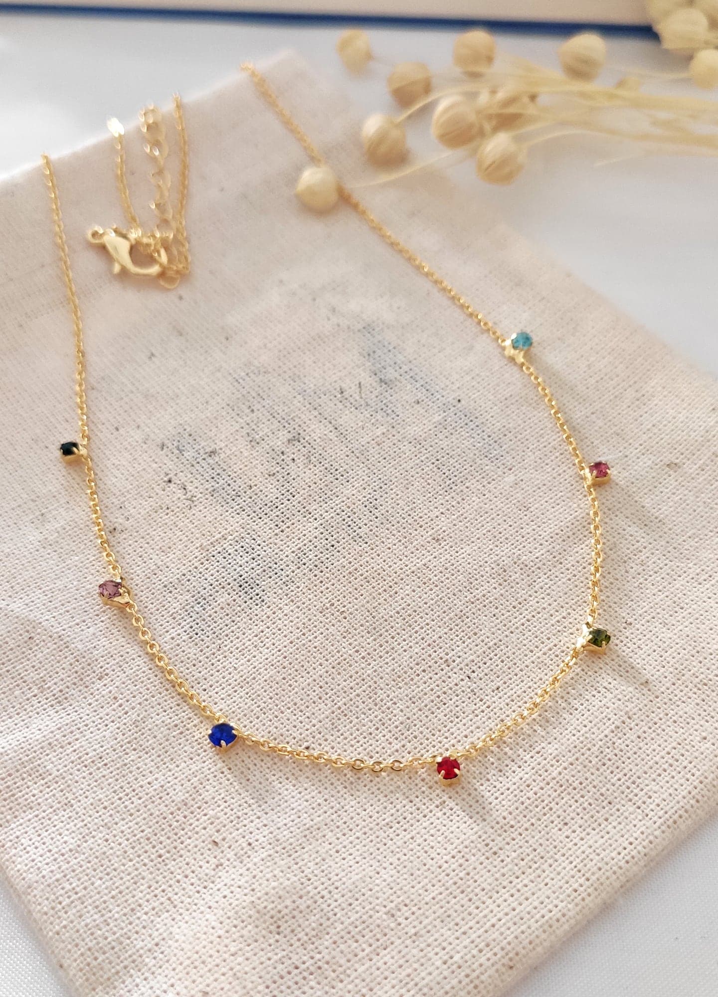 Gold Plated Brass Colored Zircon Stone Detailed Thin Chain Necklace