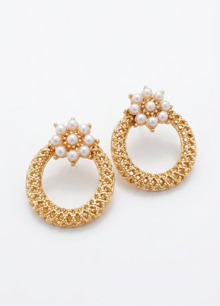 Gold Plated Brass Flower Patterned Plastic Pearl Detailed Hoop Earrings