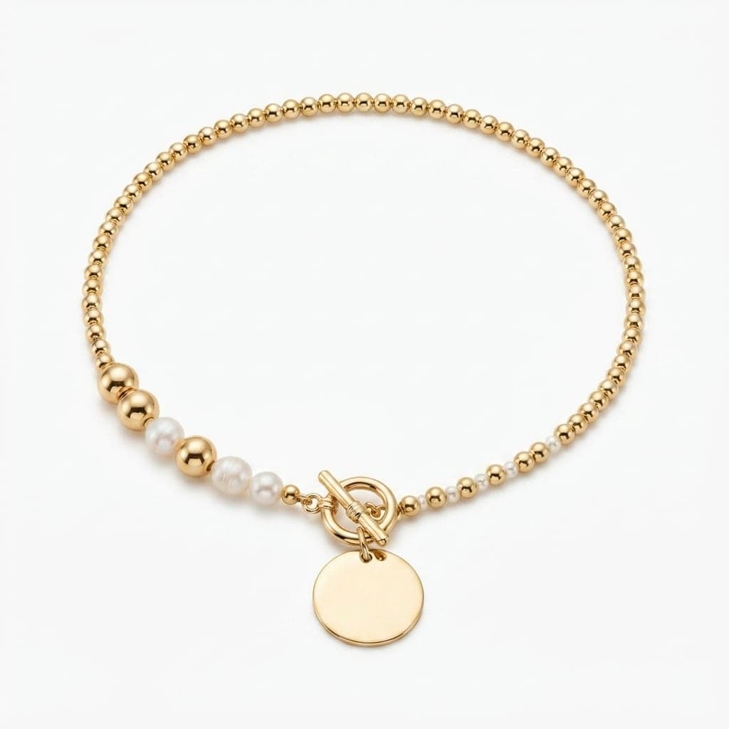 Gold Plated Brass Pearl Detailed Plate Pendant Necklace