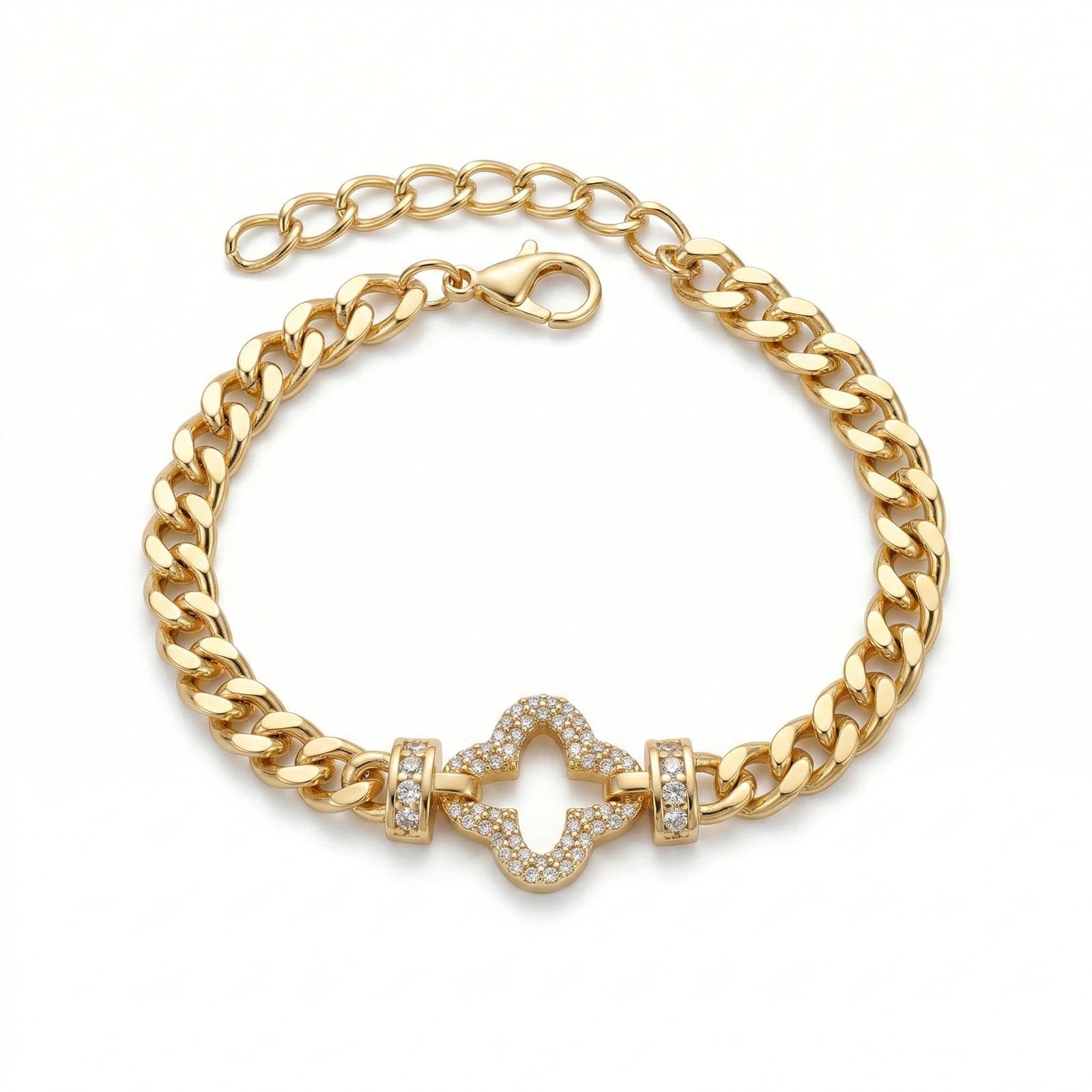 Bracelet with Gold Plated Zircon Stone and Clover Figure on Brass