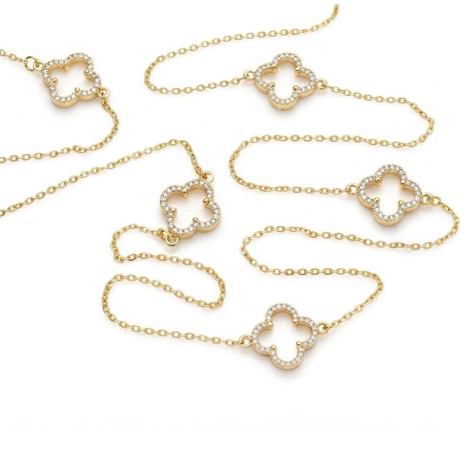 Hollow Clover String Necklace with Gold Plated Zircon Stone on Brass