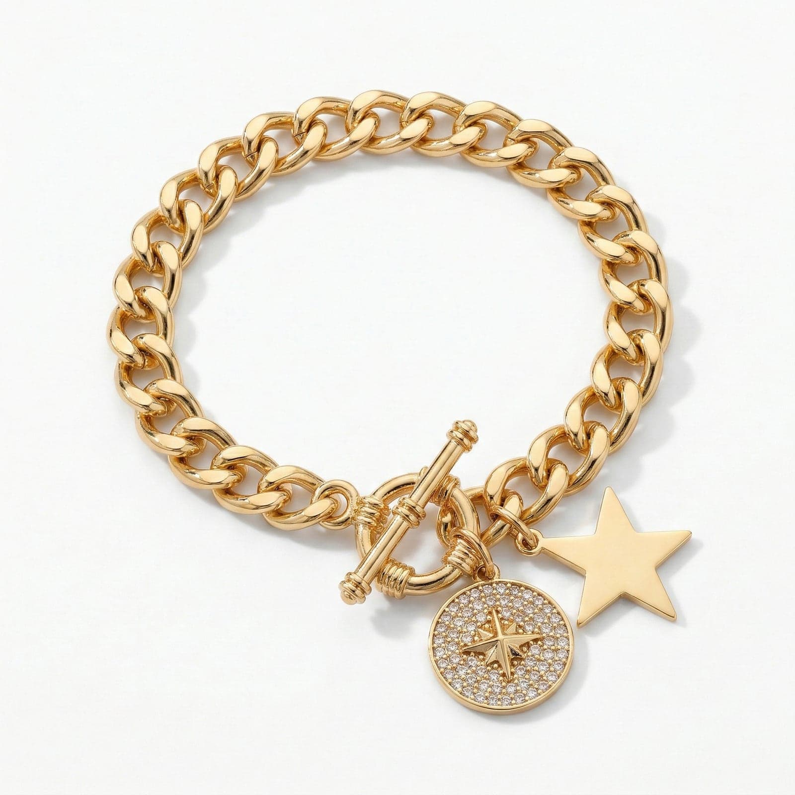 Gold Plated Brass Zircon Stone Pole Star Dangle Bracelet