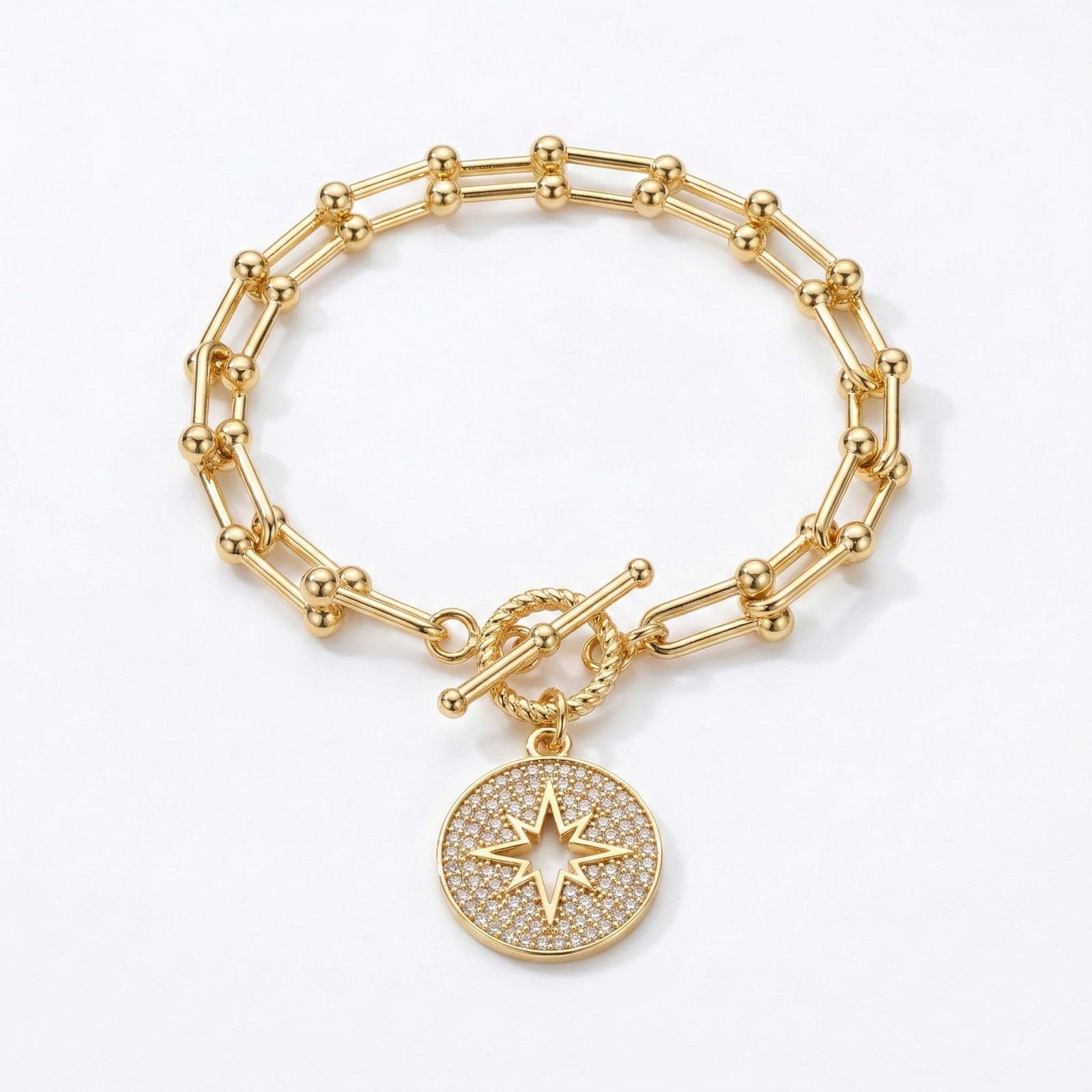 Gold Plated Brass Zircon Stone Pole Star Dangle Bracelet