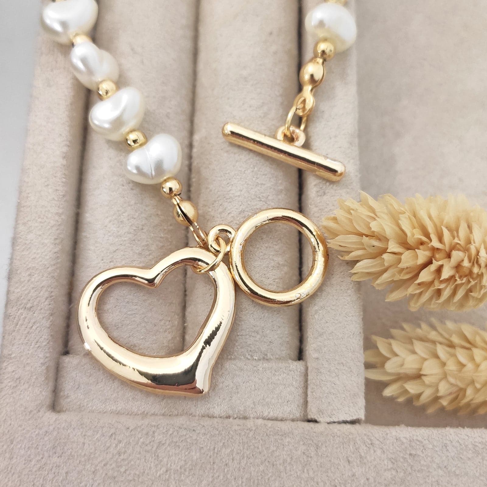 Brass with Gold Plated Plastic Pearl Stringed Heart Bracelet