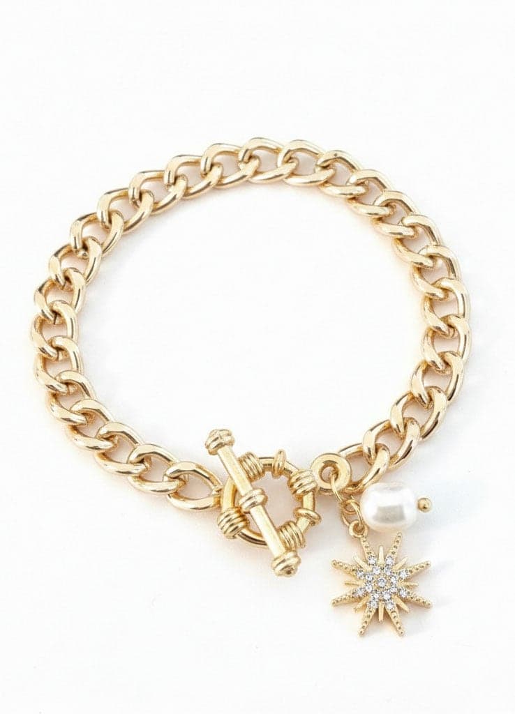 Gold Plated Pearl Detailed and Zircon Stones Star Swing Bracelet on Brass