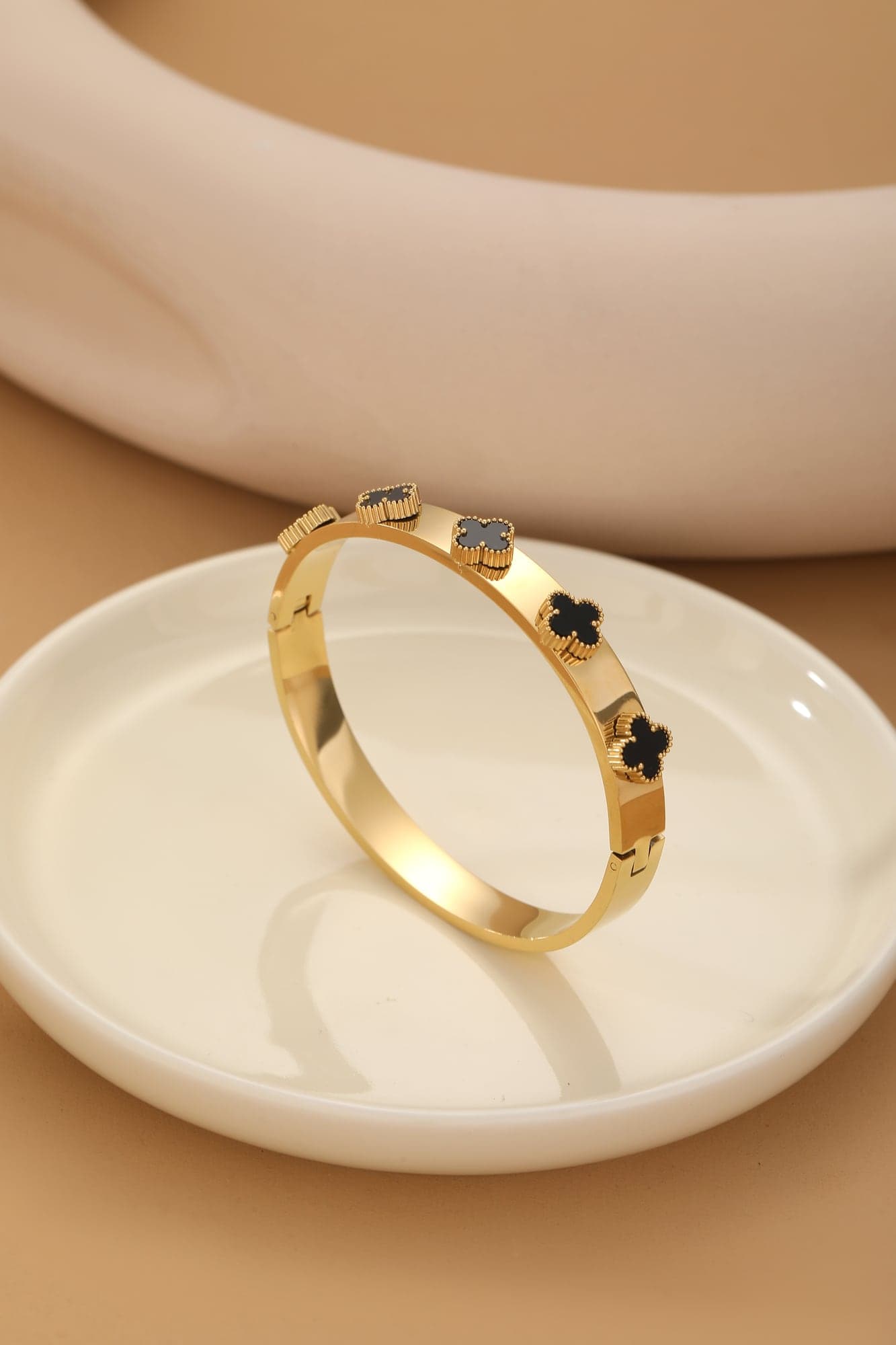 Gold-Plated Steel, Clover-Detailed Cuff Bracelet