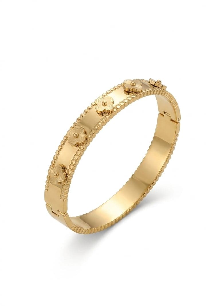 Gold-Plated Steel, Clover-Detailed Cuff Bracelet