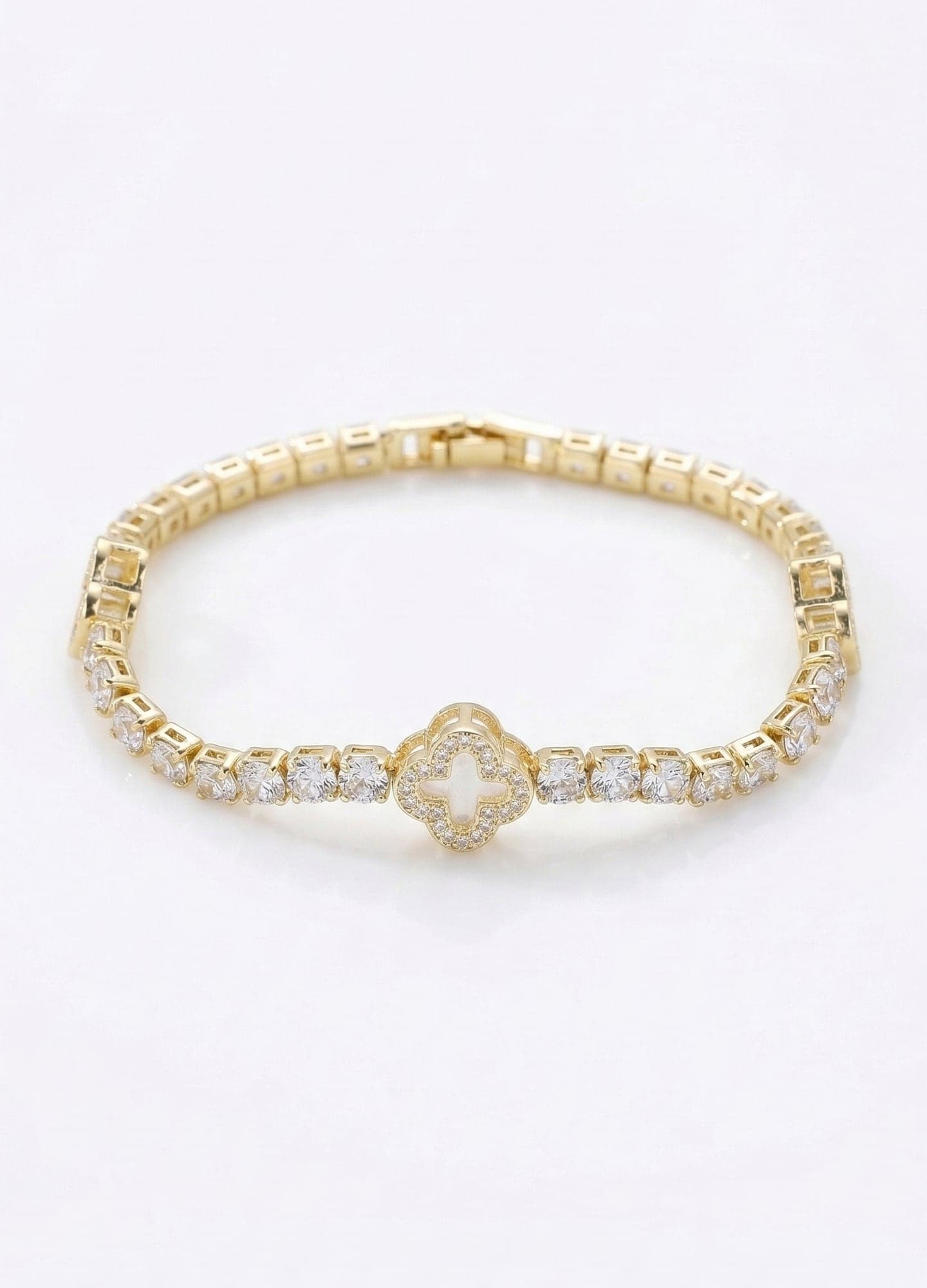 Gold-Plated Brass Bracelet with Zircon Stones and Clover Details