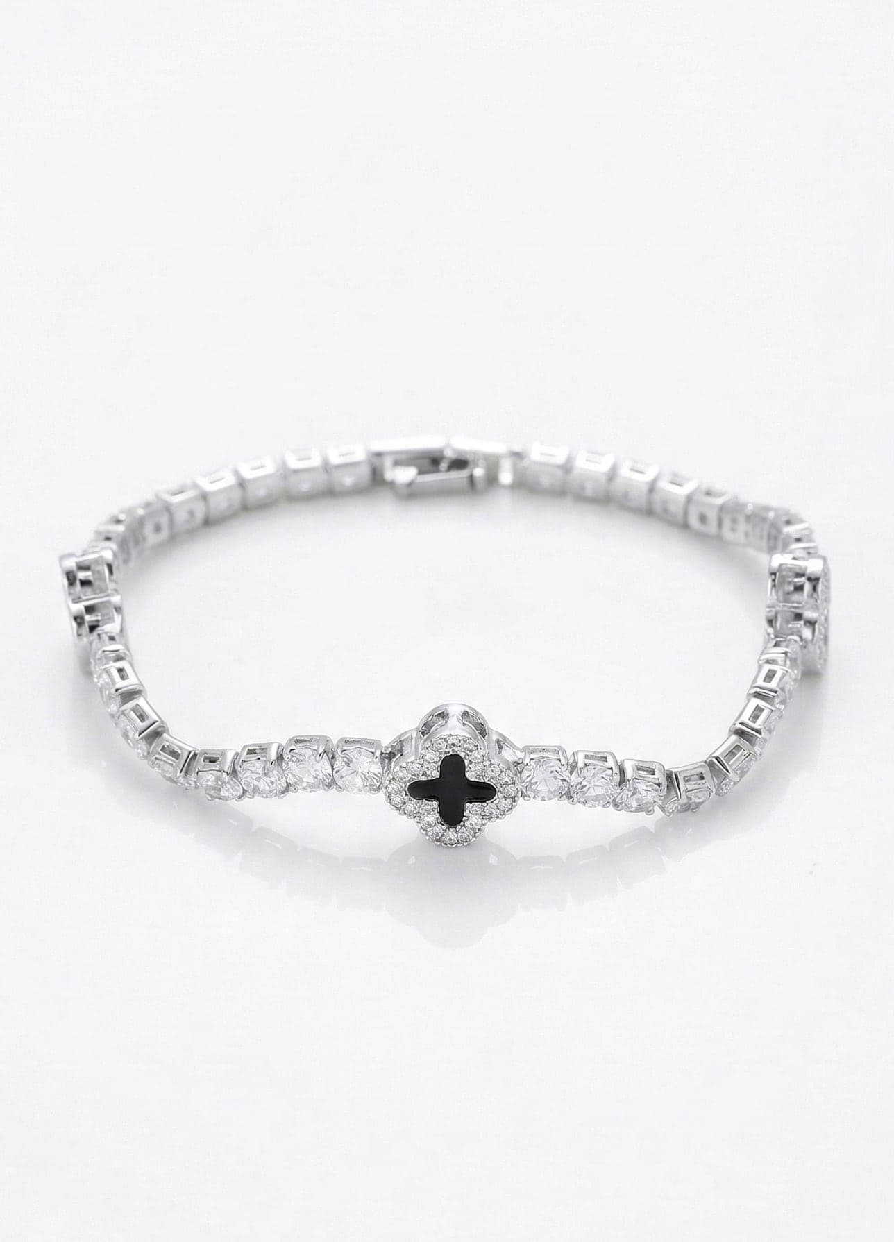 Gold-Plated Brass Bracelet with Zircon Stones and Clover Details